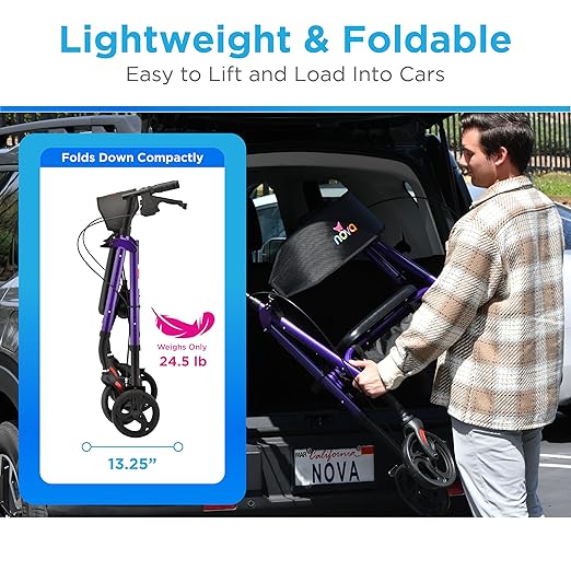 NOVA Star 8 Foldable Rollator Walker for Seniors, 400 lb Weight Capacity, Wide Padded Backrest with Seat, 8” All-Terrain Wheels, Easy-Grip Locking Hand Brakes, Height Adjustable, Purple