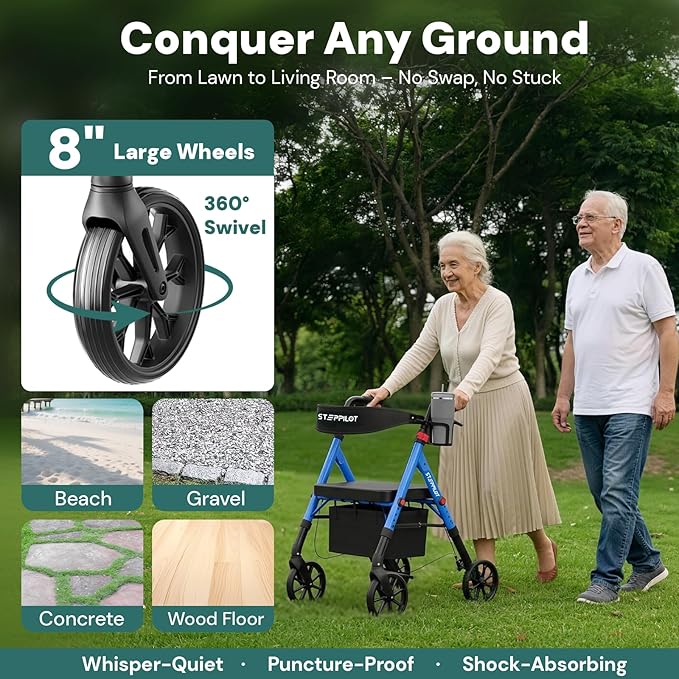 Bariatric Rollator Walker with Seat for Seniors, 500lb Capacity Aluminum Frame, Zero Wobble, 16lb Lightweight, 8" All Terrain Wheels, 10-Level Adjustable Handle/Seat, Cup Holder, Cane Clip
