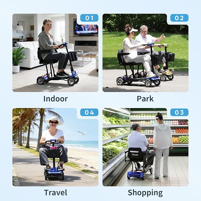 Mobility Scooter for Adults, Seniors - 37.5 lbs Ultra Lightweight Folding Mobility Scooters for Seniors Airport Approved, All Terrain 4 Wheel Motorized Scooter with Storage Bag for Travel, Blue
