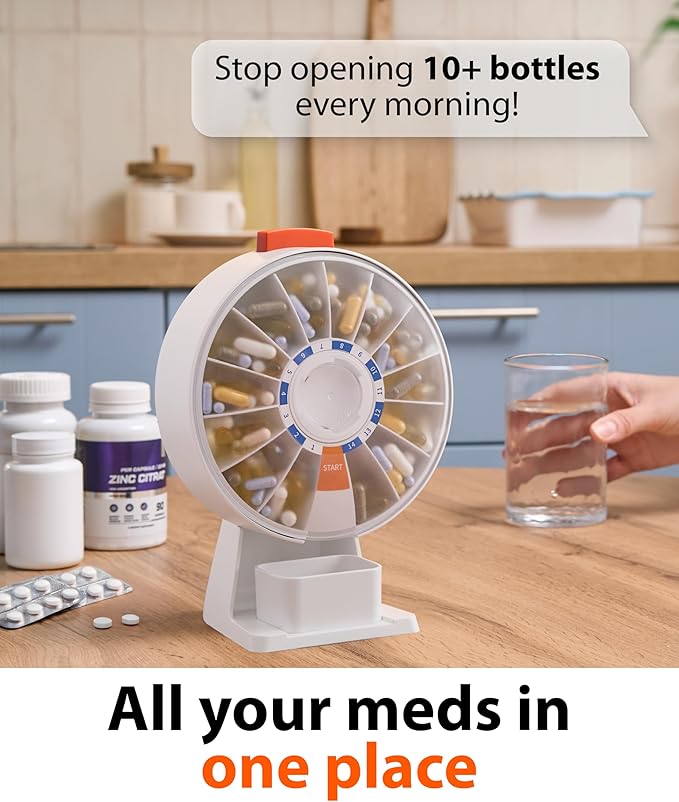 14-Day Rotating Pill Dispenser Wheel Push Button Desktop or Wall-Mount for Elderly