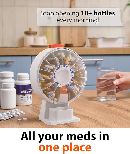14-Day Rotating Pill Dispenser Wheel Push Button Wall-Mount or Desktop Vitamin Organizer