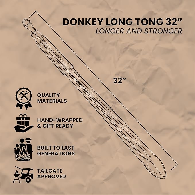 32" Heavy Duty Fire Tongs - Extra Long Log Grabber for Grill, Fire Pit, Pizza Oven & Campfire | Handmade South African Rust Resistant Stainless Steel Firewood Tongs with Wood Handle | Donkey Long Tong