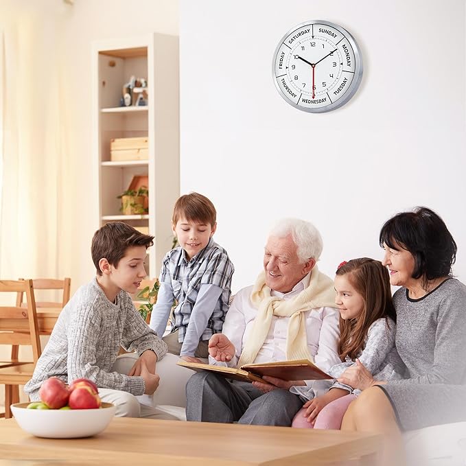 Lafocuse Silent Day of The Week Clocks for Mother, Retirement Clock for Seniors with Silver Metal Frame, Day Clock for Living Room Decor 12 Inch