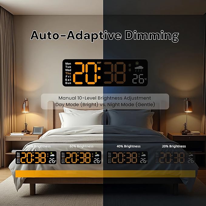 Large LED Digital Wall Clock with Alarm Timer - Auto Dimming Clock with Temperature, Weather and Calendar, Remote Control, Classroom Décor, for Bedroom, Office, Living Room (Orange)