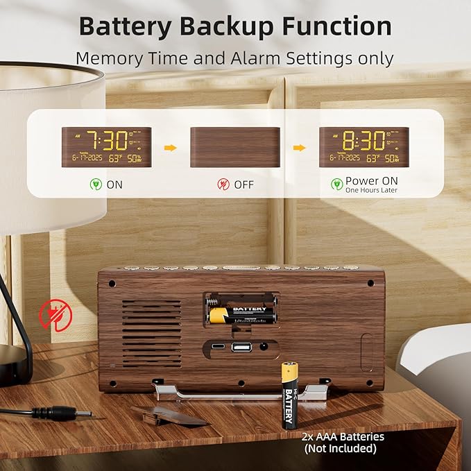 Raynic Digital Alarm Clock, Dual Alarms, 8.7" Large LED Display, USB & Type-C Charging Ports, Temperature & Humidity Display, 5-Level Dimmer & Volume for Bedroom & Home Office, Dark Wood Grain Finish