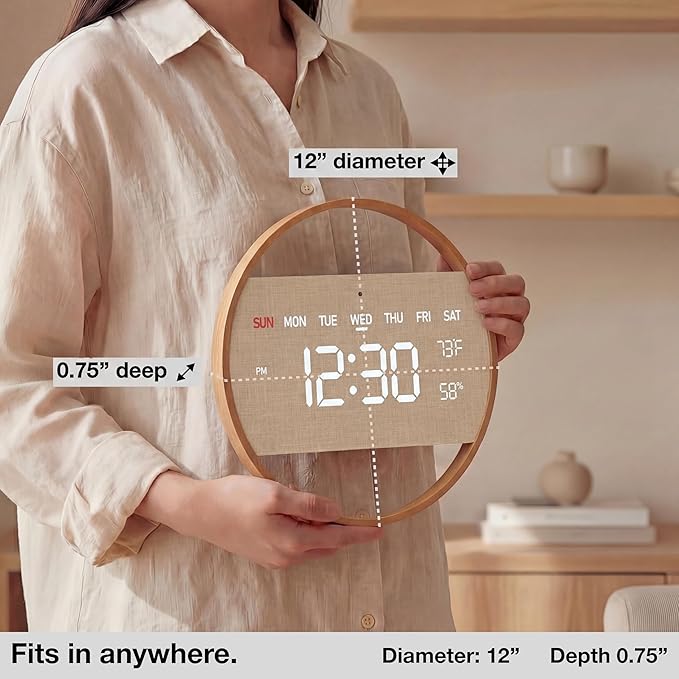 Driini Large Digital Wall Clock -Round Digital Bamboo Wooden Wall Clock with Large Display - LED Wall Clock - Auto-Dimming – Plug in USB with Temperature & Humidity – Large Wall Clock for Living Room.