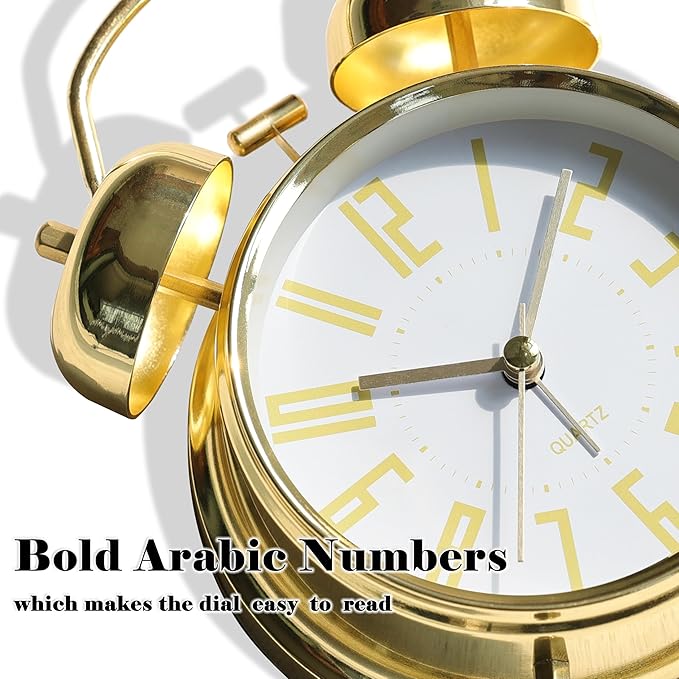 AYRELY Super Loud Alarm Clock for Heavy Sleepers Adults,Twin Bell Retro 4 Inch Silent Non-Ticking Quartz with Backlight, Metal dial, Alarm Clocks for Bedrooms Bedside (Gold-White)