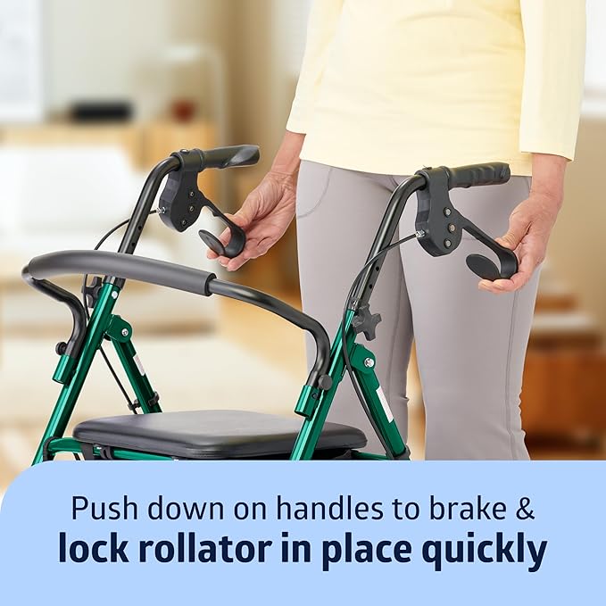 Medline Steel Foldable Adult Transport Rollator Mobility Walker with 6" Wheels, Green