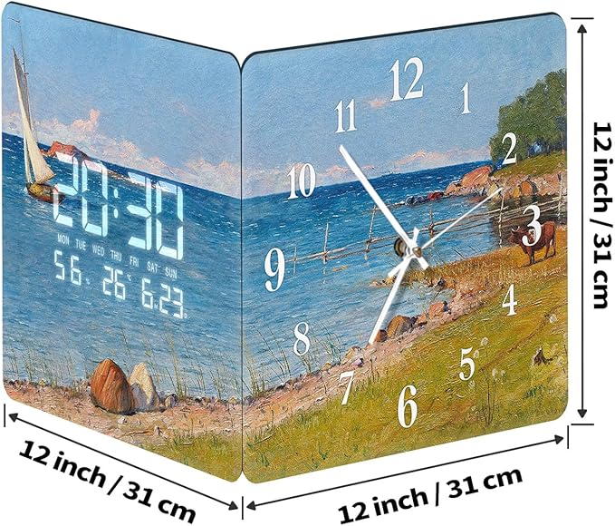 12'' Double Sided 90° Corner Wall Clock, Coastal Oil Painting, Radar Motion Activated, Analog & LED Display with Temp Humidity Date Day, Silent Non-Ticking Plug-in for Beach House Cabin