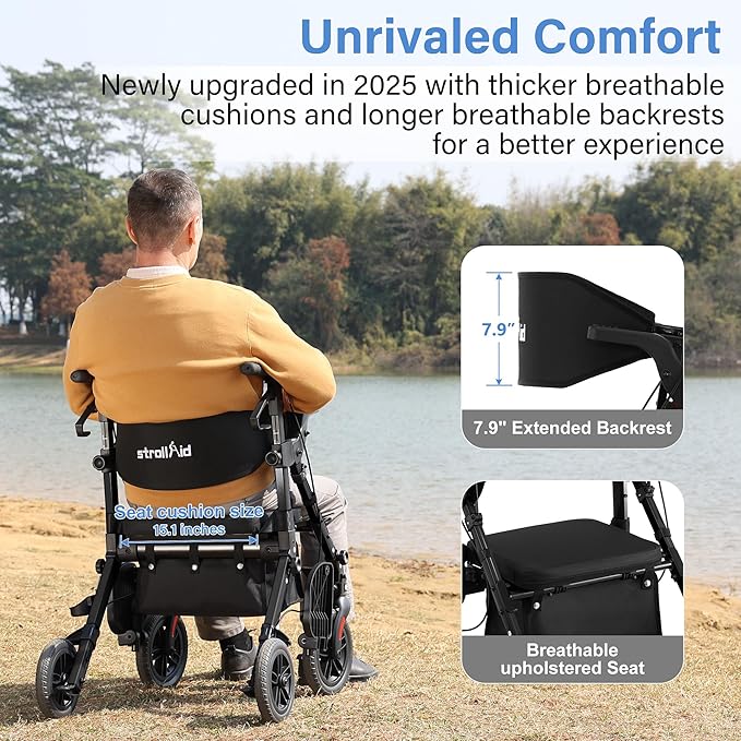 Walkers for Seniors with Seat, Walker Wheelchair Combo, 2 in 1 Rolling Walker Transport Wheelchair Lightweight Foldable, 10" Big Wheels Transport Chair with Brakes,Black