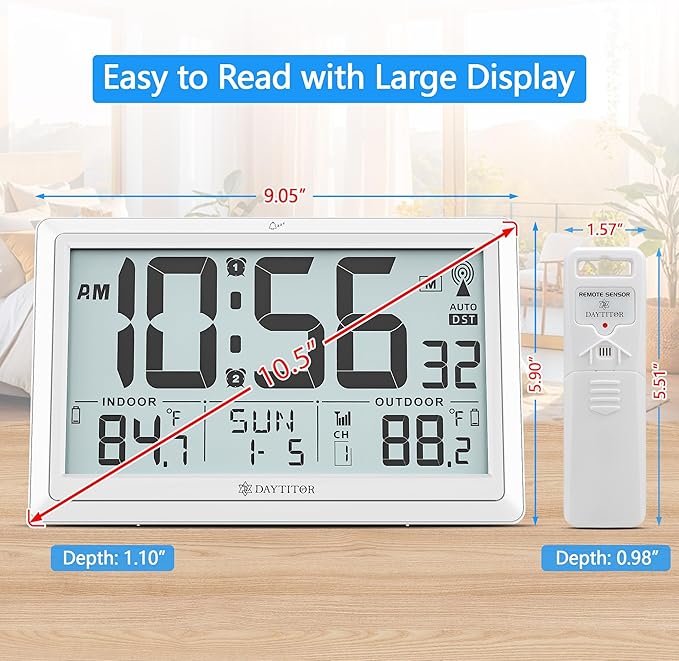Atomic Clock Wall with Indoor/Outdoor Temp, Battery Operated Digital Wall Clock with 10.5" Large LCD Display, 330ft Range Desk Table Clock with Alarm, DST, Calendar for Living Room Bedroom, White