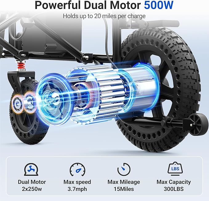 Foldable Electric Wheelchairs, Lightweight Electric Wheelchairs for Adults, 15 Miles Range, All-Terrain Powerful Electric Wheelchair 500W Power Motor, 300lbs Capacity, Airline Approval