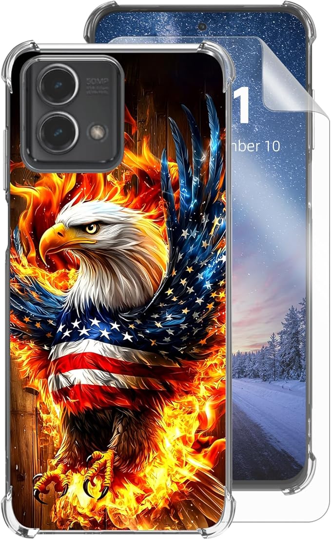 for Moto G Stylus 5G 2023 Clear Phone Case, Lightweight Transparent TPU, American Flag Flame Eagle Shockproof Four Corner Anti-Fall Case 6.6" for G Stylus 5G 2023, Screen Protector Film