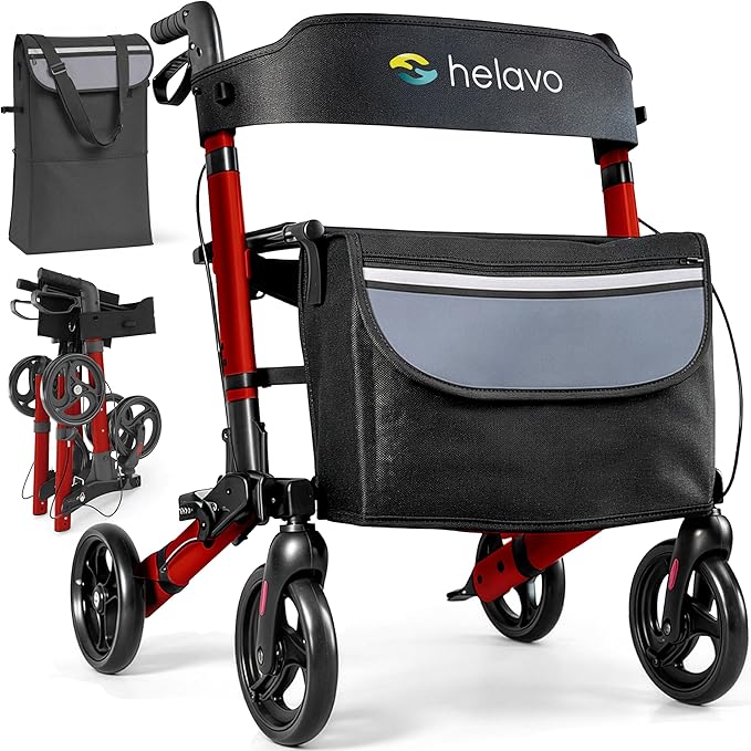 Helavo Foldable Rollator with Seat – 360° Swivel 8" Wheels, 24.8" Wide - Lightweight Aluminum Rolling Walker for Seniors and Adults with Adjustable Height