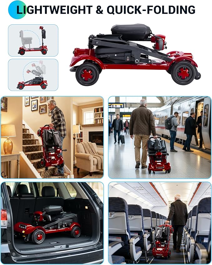 GoldSeason Airline & Cruise Approved Lightweight Mobility Scooter, Portable Foldable Electric Scooter for Seniors/Adults/Elderly/Handicap, 330 lbs Capacity, Compact Travel Scooter with Seat, Red