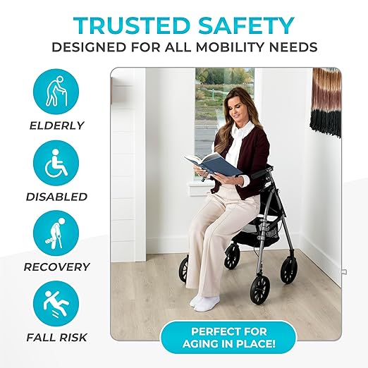 Stander Wonder Rollator Plus with 8-inch All-Terrain Wheels, Lightweight Folding Rolling Walker with Seat, Locking Brakes and Backrest, EZ Fold-N-Go-Rollator for Seniors and Adults, Black Walnut