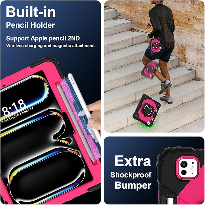 Dteck for iPad Pro 11 inch (M4/M5) 2024/2025 Release Shockproof Case with Shoulder Strap/Pencil Holder/Rotating Kickstand Handle, Heavy-Duty Sturdy Rugged Cover, Protective Tablet Shell, Black Rose