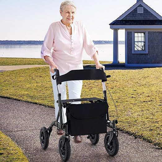 GOFLAME All-Terrain Rollator Walker w/Pneumatic Tires, Foldable Outdoor Walkers w/Seat, Backrest, 32"-37" Adjustable Height & Storage Bag, Lightweight Aluminum Walker for Seniors & Adults, Black