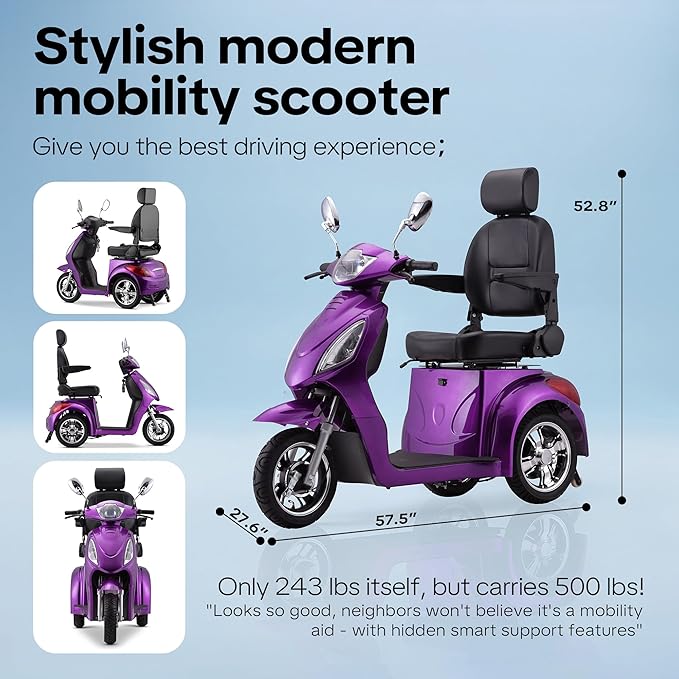 Super Large Electric 3 Wheel Mobility Scooters, 800W Wheelchair Device, 500 LBS Capacity Electric Wheelchair for Seniors & Adults, Speed Adjust, Remote Key, Receive Ready to Ride (Purple)