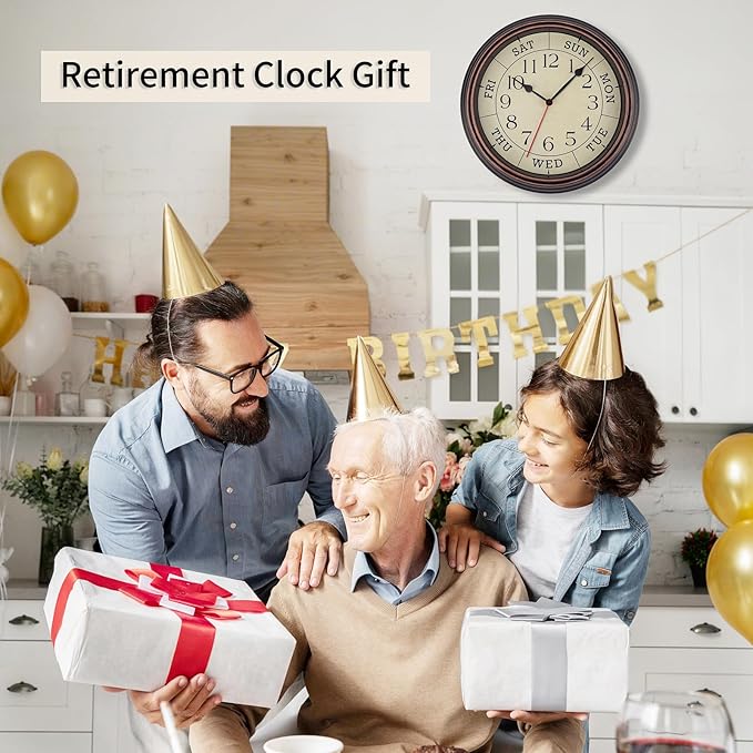 Foxtop Day of The Week Wall Clock for Seniors, 14 Inch Classic Silent Day Wall Clock for Office Home, Ideal Retirement Gift for Men & Women (Bronze)