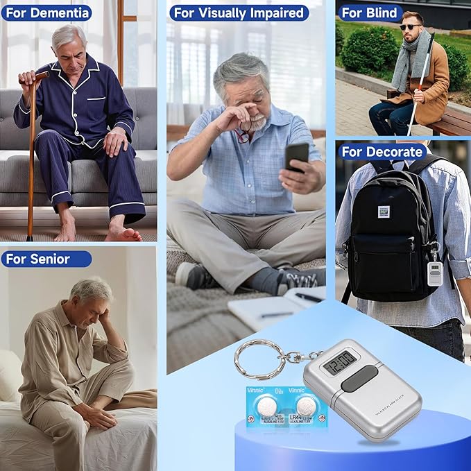 Lenporl Talking Clock for The Blind and Visually Impaired - Easy-Use Talking Alarm Clock for Blind Elderly with Voice Announcement, LCD Display, Keychain & Portable Design