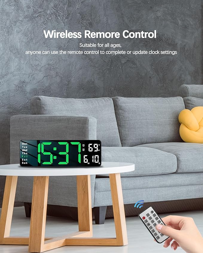 JoFomp Digital Wall Clock - 13" Large LED Display, Loud Alarm, Remote Control, DST, Auto-Dimming, Date and Day, Timer, Temperature - 12/24H Format - Ideal for Living Room, Bedroom, Kitchen