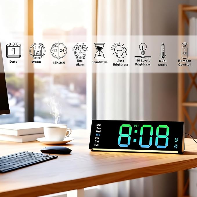 11-Inch LED Wall Clock with RGB Flowing Light, Large Digital Display for Date, Time, Temperature｜Easy to Read, Dual Alarms, Remote Control｜Modern Décor for Home, Kitchen, Living Room, Office, Yoga