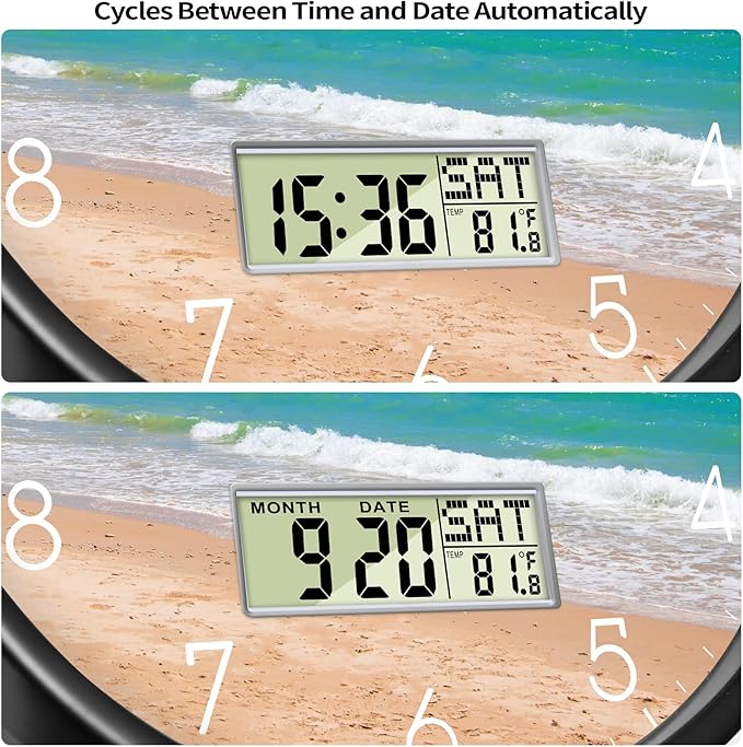 14'' Silent Non-Ticking Coastal Beach Wall Clock, Battery Operated Analog with LCD Date Day Temp Display, Modern Wall Clock for Living Room Bedroom Office Beach House Hotel Decor