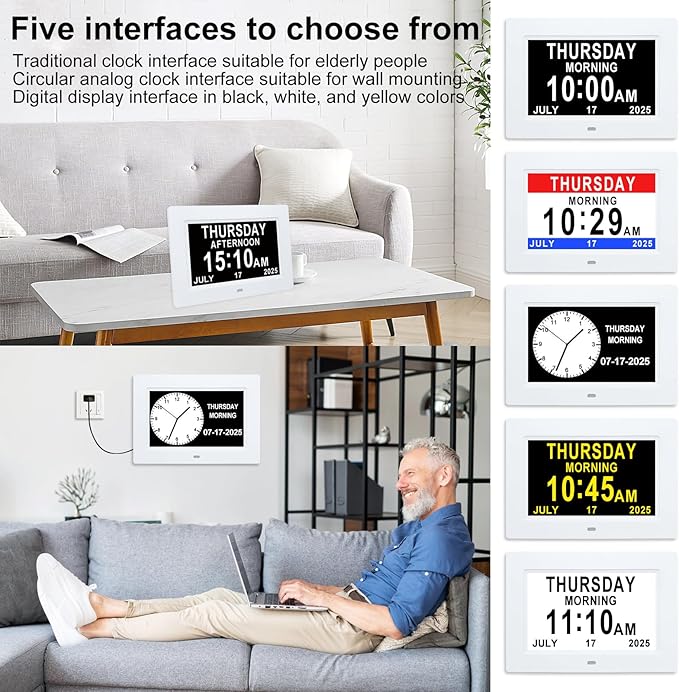 Digital Dementia Clock for Seniors with Time,Date,and Month Display.Features 12 Alarm Settings and 3 Display Modes.Ideal for Seniors,Individuals with Memory Loss,or Dementia Patients.White.