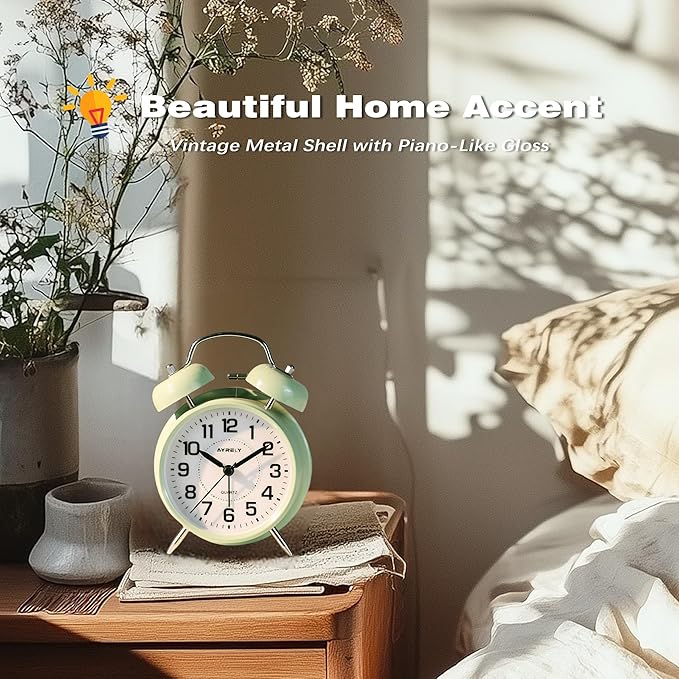 AYRELY® Super Loud Twin Bell Alarm Clock for Heavy Sleepers, 4-Inch Silent Non-Ticking Quartz with Backlight, Metal Cute Clock for Kids' Rooms (Sage Green)