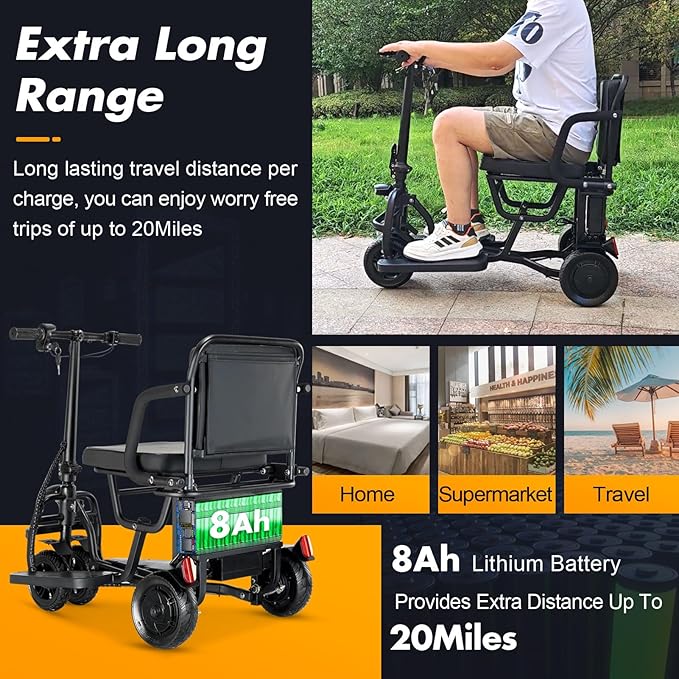 2025 New 20Miles Autopilot 1+3 Gear Speed -9.32mph Lightweight Mobility Scooters Foldable Support 300lbs, 4 Wheel Travel Powered Mobility Scooters for Adults Airline Approved