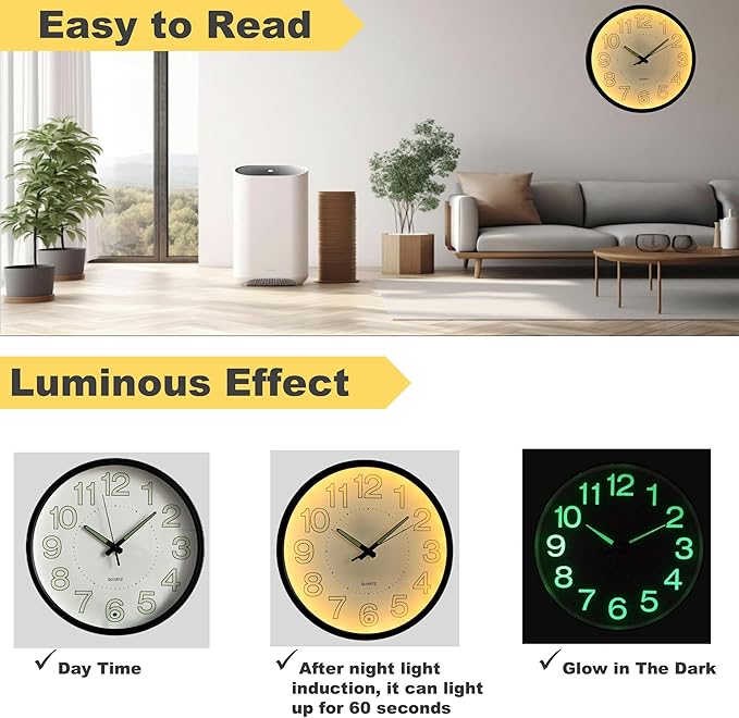 12 Inches Night Light Wall Clocks - with Silent Non-Ticking Glowing Function - Big Solid Numbers Easy to Read Both Day and Night (White/Black)