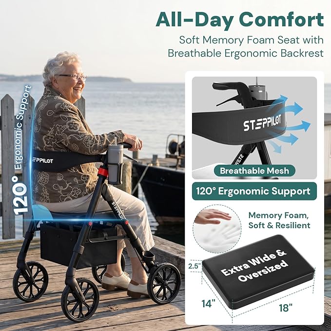 Bariatric Rollator Walker with Seat for Seniors, 500lb Capacity Aluminum Frame, Zero Wobble, 16lb Lightweight, 8" All Terrain Wheels, 10-Level Adjustable Handle/Seat, Cup Holder, Cane Clip