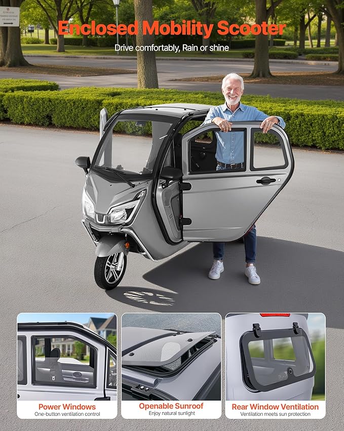 VEVOR 3-Wheel Enclosed Mobility Scooter for Seniors Adults, 650lbs Capacity, 3-Seater 1500W Electric Recreational Mobility Scooter 37 Miles Long Range, Remote Unlock, All-Terrain for Shopping Touring
