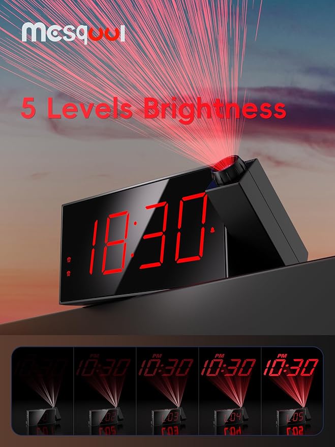 Mesqool Projection Alarm Clock, Digital Clock with 180° Rotatable Projector, 5-Level Brightness Dimmer, Clear LED Display, USB Charger, Progressive Volume, 9mins Snooze,12/24H, for Bedroom