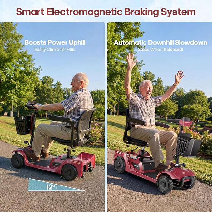 NFC One-Touch Keyless Unlock 4-Wheel Foldable Mobility Scooter for Seniors & Adults, 15 Mile Range, 3.7 MPH, Removable Battery, Digital Display, 300 lb Capacity, Red