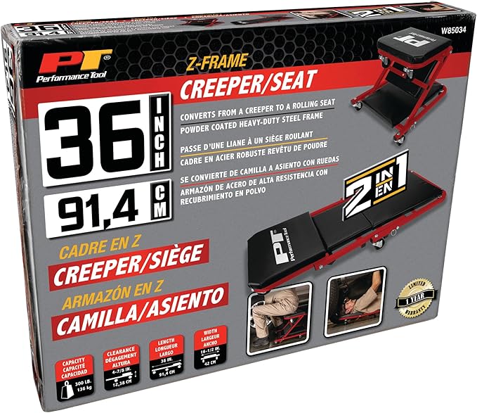 Performance Tool W85034 36-Inch Z-Frame Folding Automotive Creeper, All-in-One Adjustable Roller Garage Seat, Lay Down or Sit, 300 lbs. Capacity, Under Car Creeper, Padded with 6 Swivel Casters