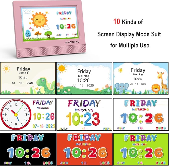 SINOIDEAS 7-Inch Kids' Digital Alarm Clock,Children's Sleep Trainer with Remote Control & Custom Reminder Function (Pink)