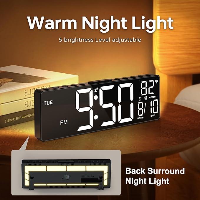 JALL 10.5'' Large Digital Alarm Clock with 8 RGB Colors, Date, Month, Temperature LED, Auto DST, Digital Clock Large Display for Classroom, Office, Bedroom, Back-to-School Gift for Students, Teachers