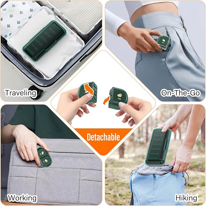 Weekly Pill Organizer 2 Times a Day, Moisture-Proof, Detachable Compartments, AM PM Pill Box 2X 7 Day, Travel Pill Organizer for Pills/Fish Oil/Medication/Vitamin/Supplements (Dark Green)