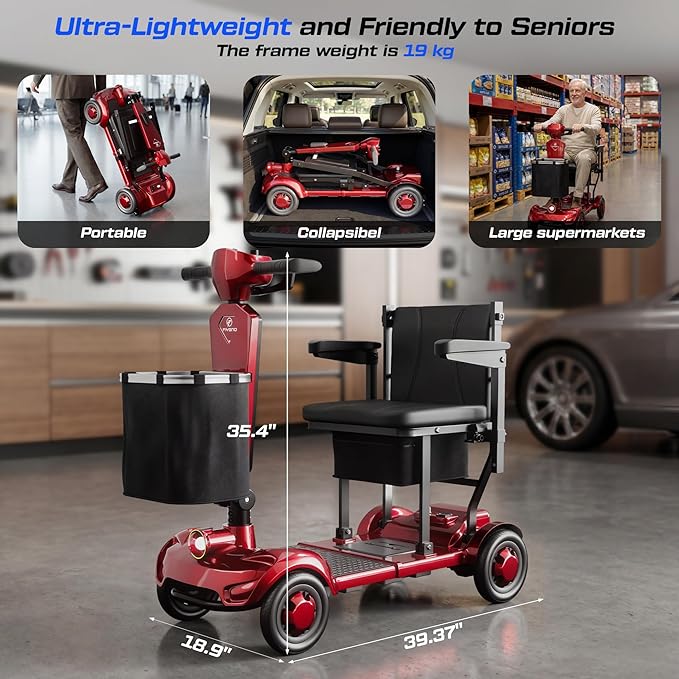 Lightweight Mobility Scooter for Seniors & Adults Cruise Travel, 4 Wheel Mobility Scooter- 37lb Foldable Portable Motorized Scooters with Removable Lithium Battery & Basket for 15Miles Travel, Red