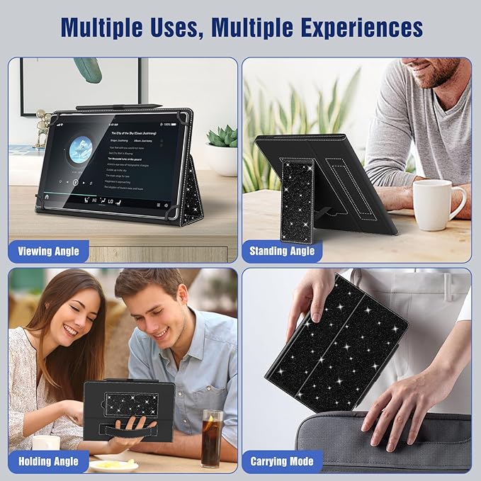 TiMOVO Universal Case for 10.1 Inch Android Tablet with Pen Loop, Lightweight Folding Stand Cover with Hand Strap for All 9.6"-11" Touchscreen Tablet, Glitter Black