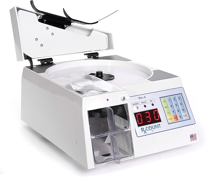 Rx-4 Automatic Pill Counting Machine - Compact Digital Tabletop Pharmaceutical Counter for Pharmacies, Doctors, and Veterinarians.