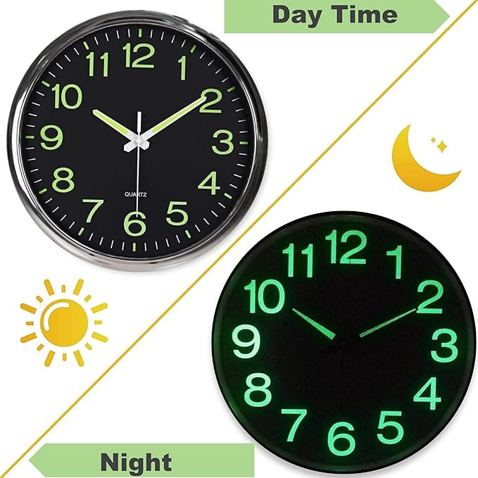 12 Inches Night Light Wall Clocks - with Silent Non-Ticking Glowing Function - Big Solid Numbers Easy to Read Both Day and Night (Black)