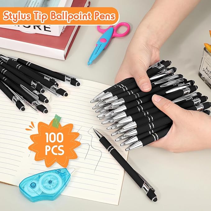 Yeaqee 100 Pieces Ballpoint Pen with Stylus Tip Click, 2 in 1 Black Ink, 1.0 mm Medium Point Stylus Metal Pen for Touch Screen Tablet (Black)