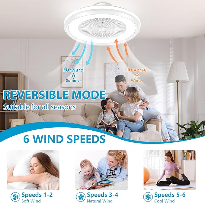 24" Bladeless Ceiling Fans with Lights and Remote/APP/Voice Control, Low Profile Ceiling Fan with RGB Lights, Smart Modern Ceiling Fan Dimmable LED Light 6 Speeds Timing Reversible