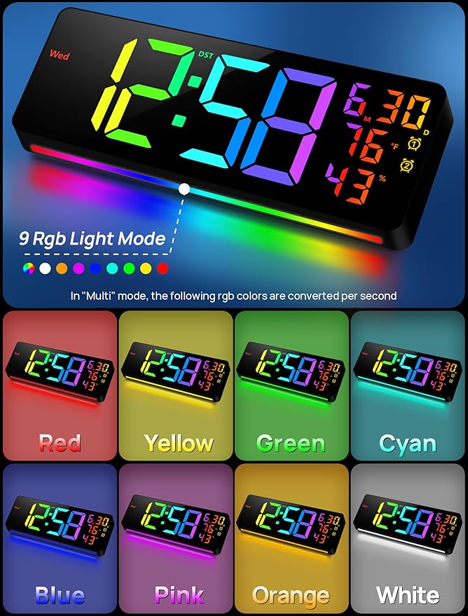 MASHI 17.3" Large Digital Wall Mount Clock, Digital Clock with Remote Control, Alarm, Big LED, RGB Color, DST, Temperature for Living Room Classroom Desk, Bedroom, Decor, Gift for Elderly (RGB)