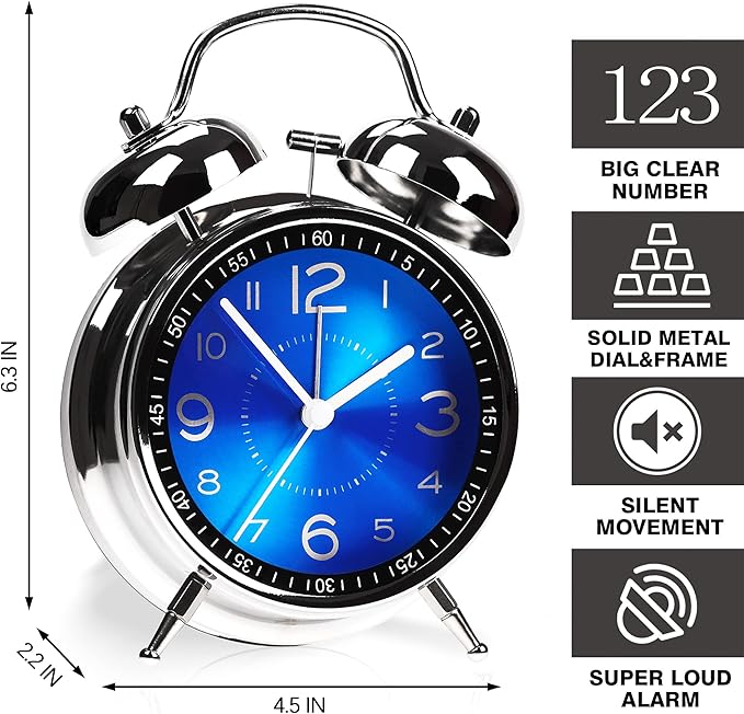AYRELY Super Loud Alarm Clock for Heavy Sleepers Adults,Twin Bell Retro 4 Inch Silent Non-Ticking Quartz with Backlight, Metal dial, Alarm Clocks for Bedrooms Bedside (Blue)