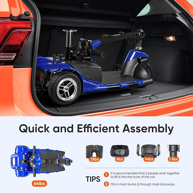 3 Wheel Mobility Scooters for Adults，Collapsible Electric Powered Wheelchair，Portable Compact Motorized Scooter for Travel，Long Range Power，Battery with Charger，Basket and Cup Holder (Blue)