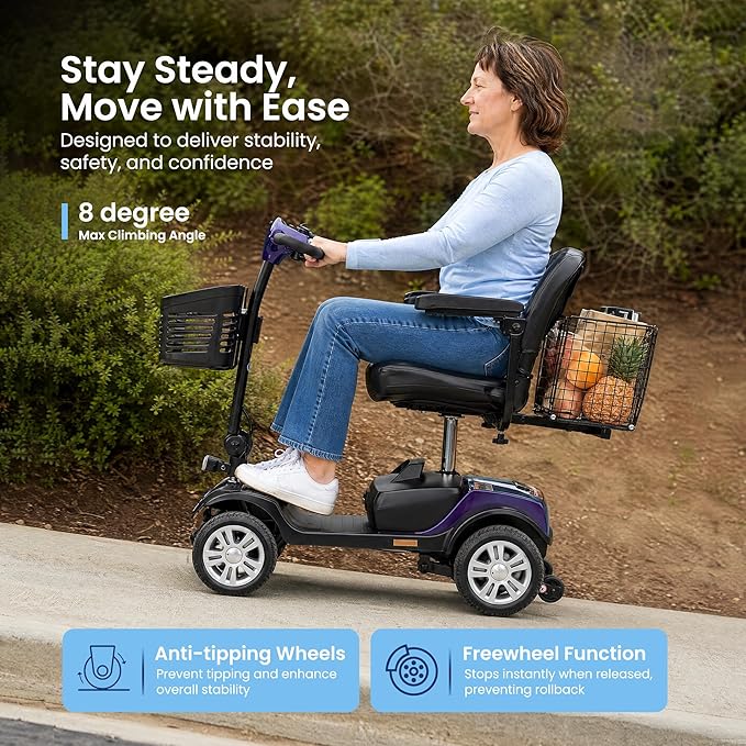 Metro Mobility 4 Wheel Folding Mobility Scooters for Seniors - 300 lbs Capacity Electric Scooter with Seat for Adults, Travel - Front & Rear LED Light - Purple